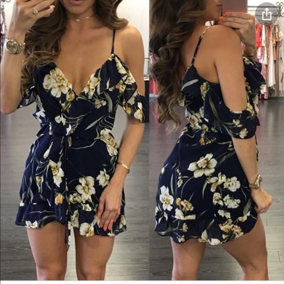 E Hanger M Dresses & Skirts - E Hanger M  Blue Floral Cold Shoulder Romper NWT